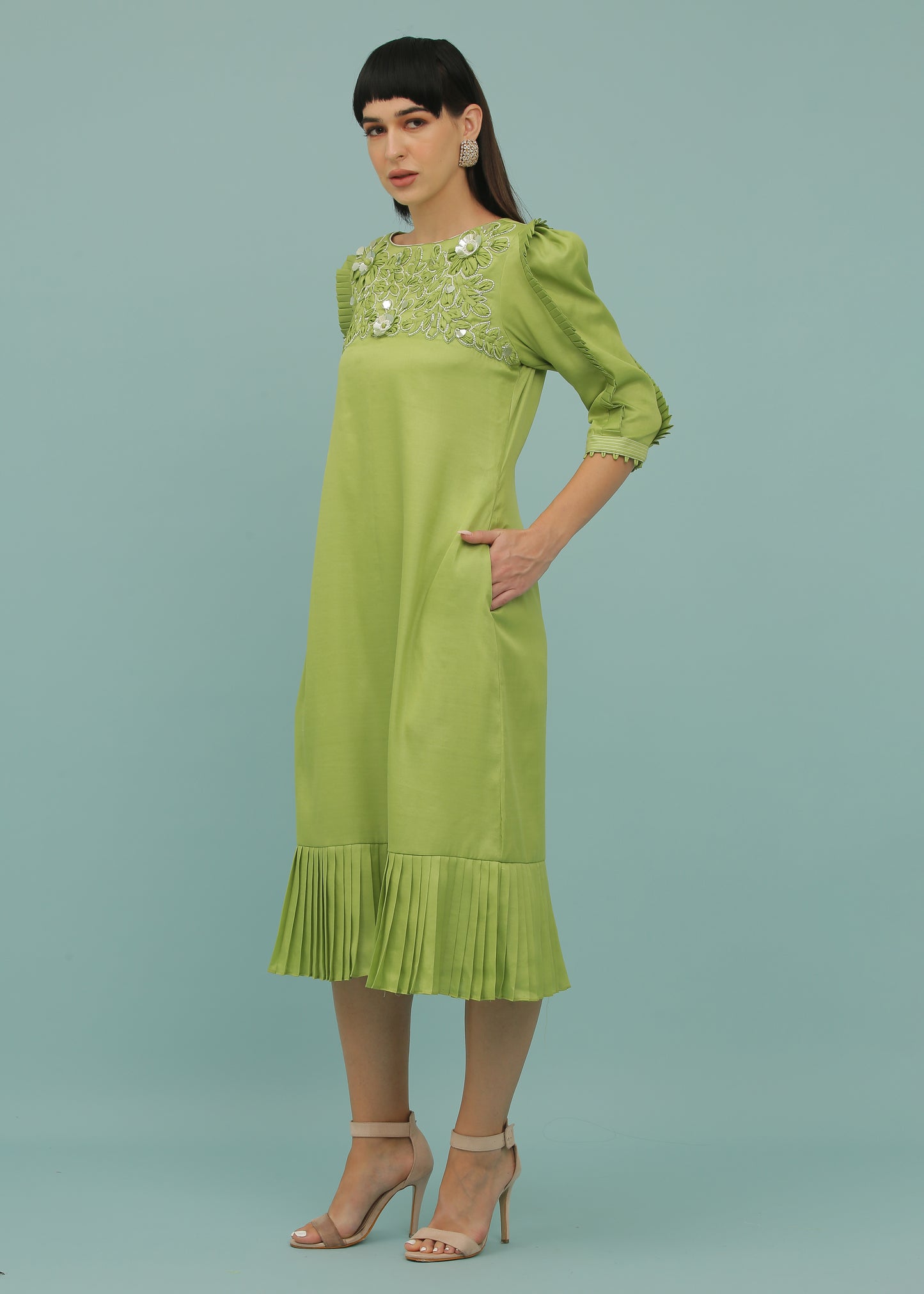 Envy Green A-Line Yoke Embroidered Dress