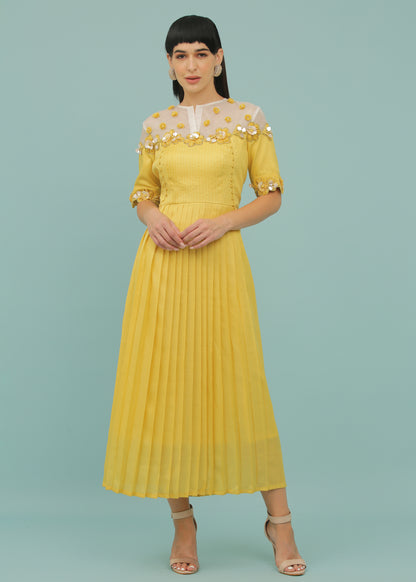 Lemon Yellow A-Line Organza Yoke Dress