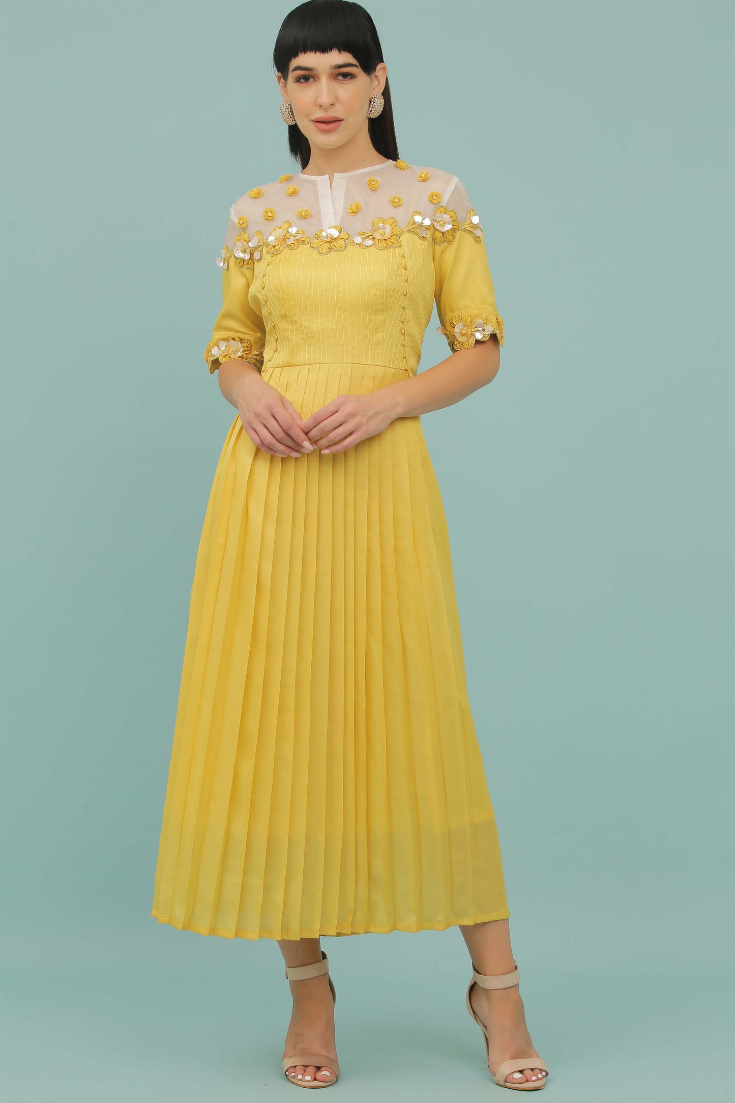 Lemon Yellow A-Line Organza Yoke Dress