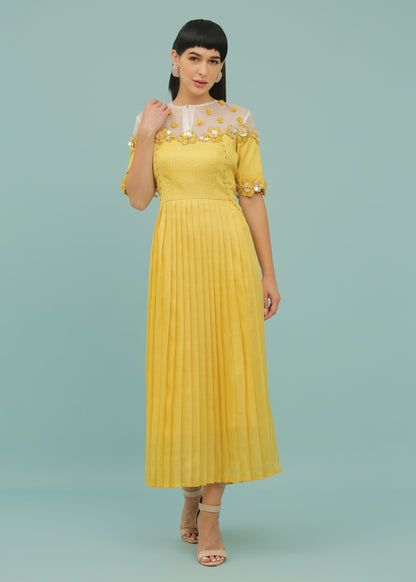 Lemon Yellow A-Line Organza Yoke Dress