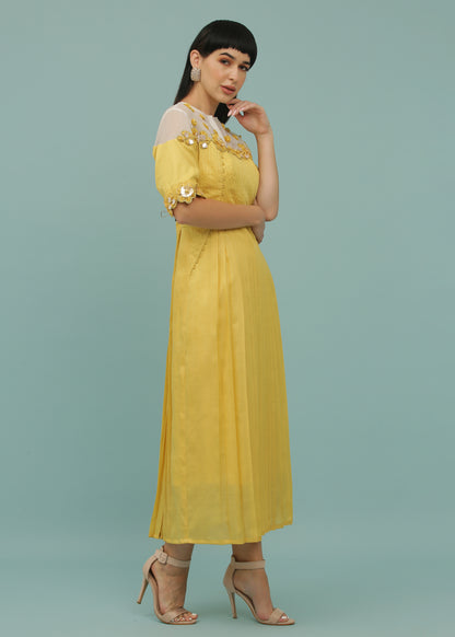 Lemon Yellow A-Line Organza Yoke Dress