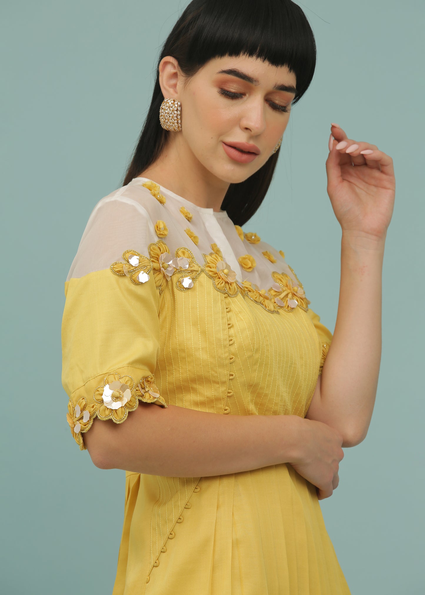 Lemon Yellow A-Line Organza Yoke Dress