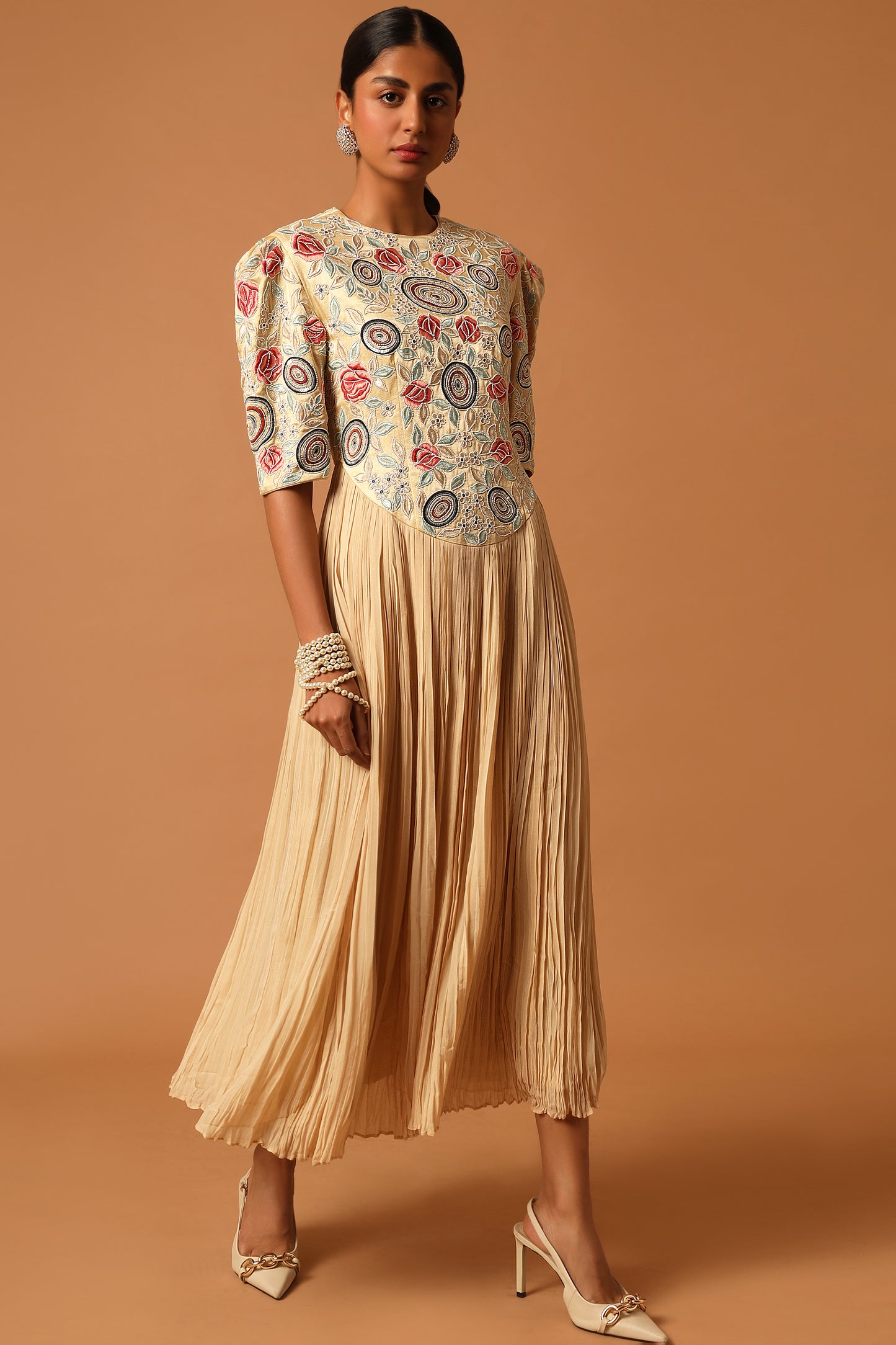 Ivory Embroidered Gathered Dress