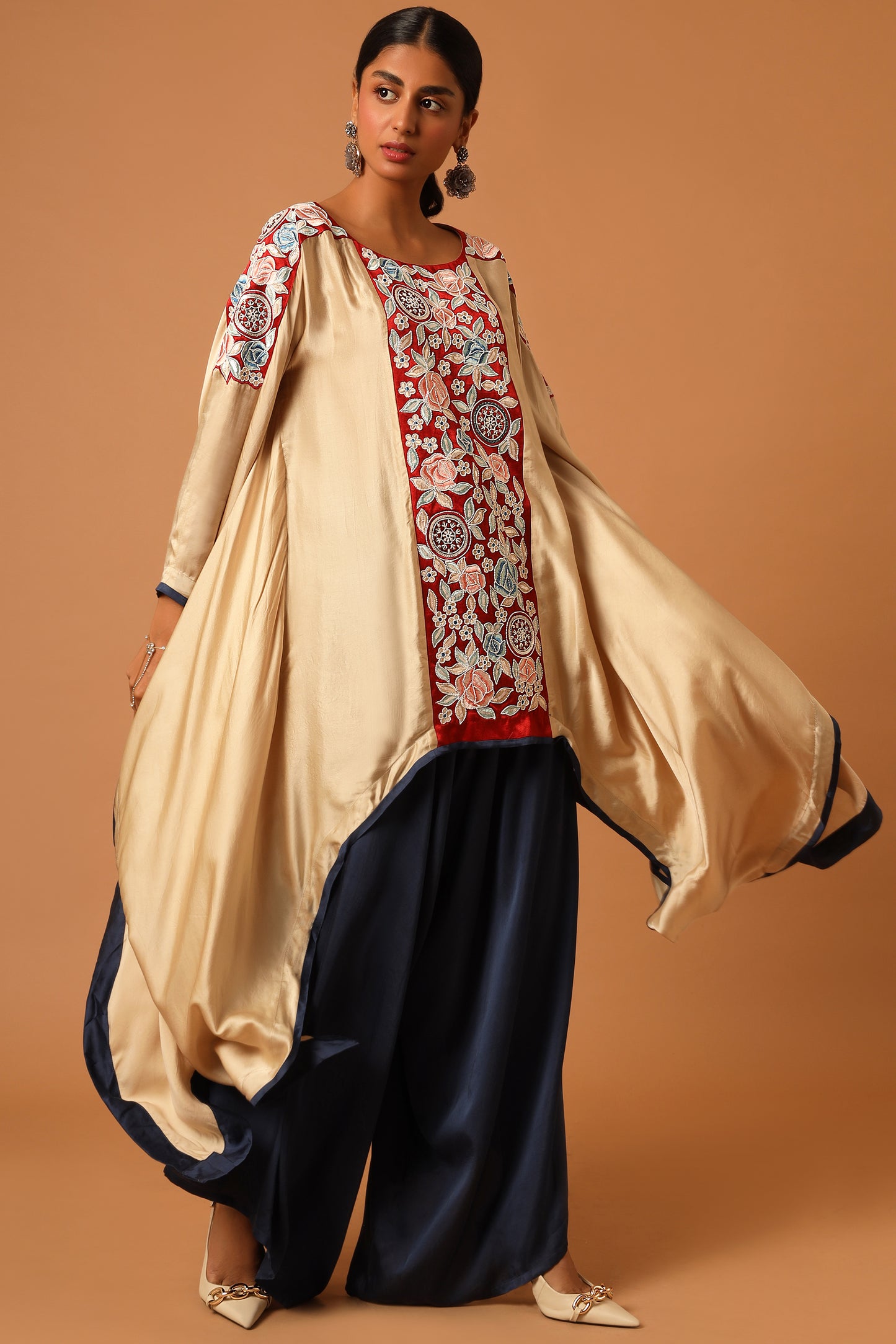 Beige embroidered Asymmetrical Kaftan set.