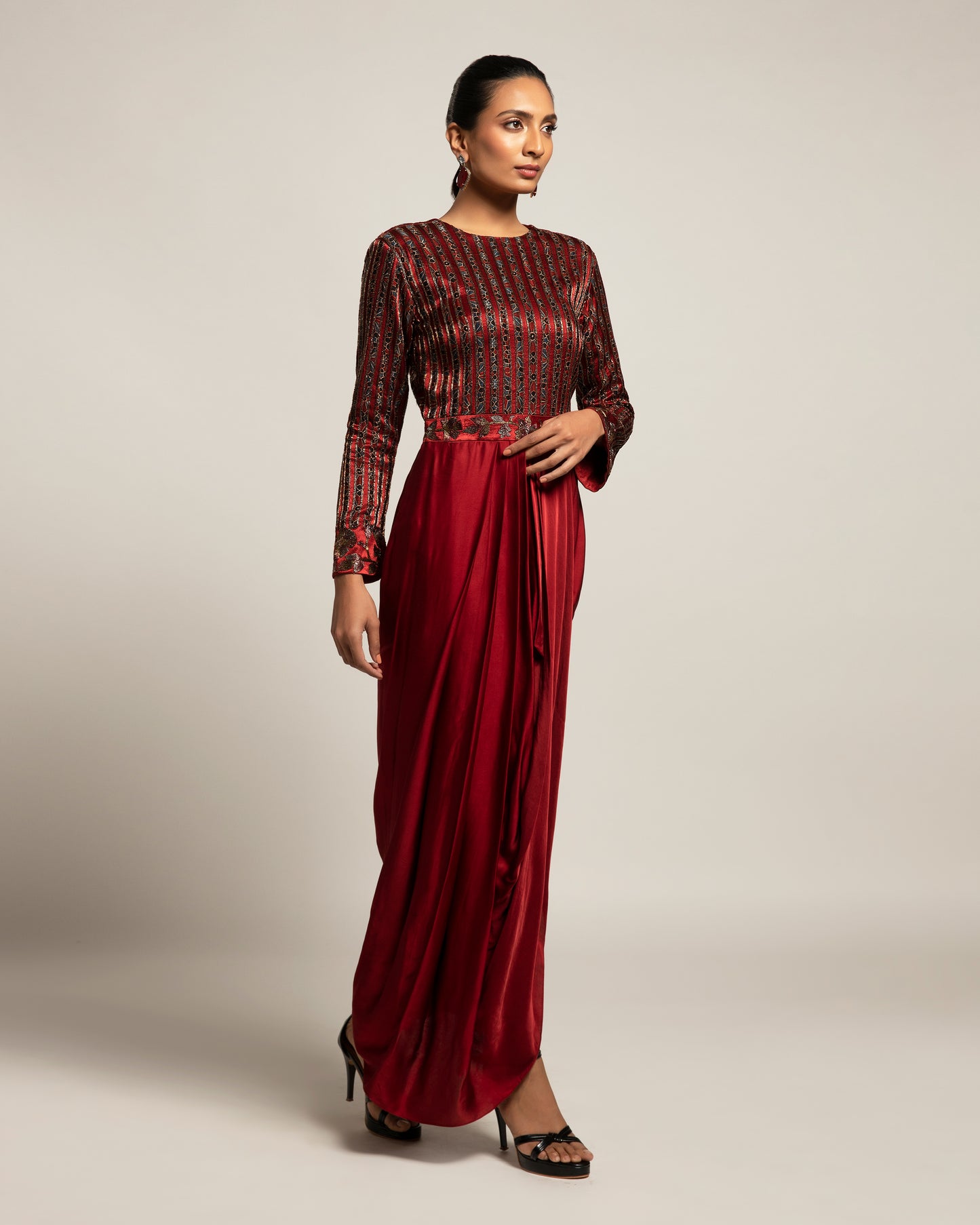 Maroon Gajji Silk Stripe Pattern Draped Tunic