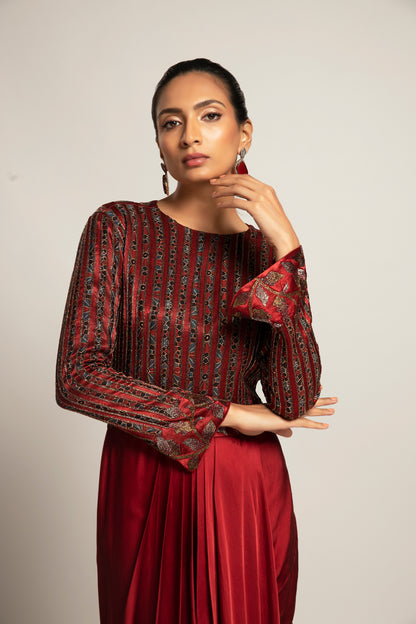 Maroon Gajji Silk Stripe Pattern Draped Tunic