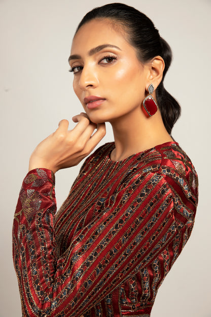 Maroon Gajji Silk Stripe Pattern Draped Tunic