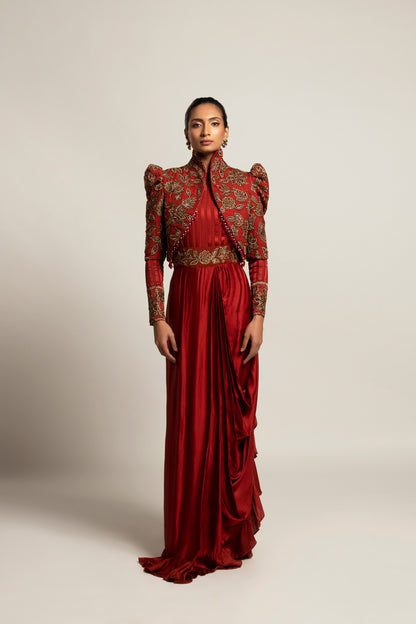 Maroon Embroidered Short Jacket and Draped Gown Set