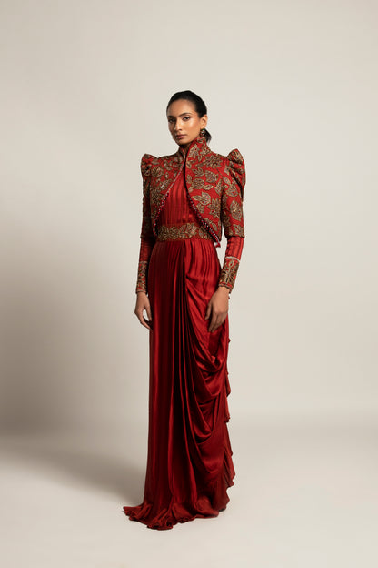 Maroon Embroidered Short Jacket and Draped Gown Set