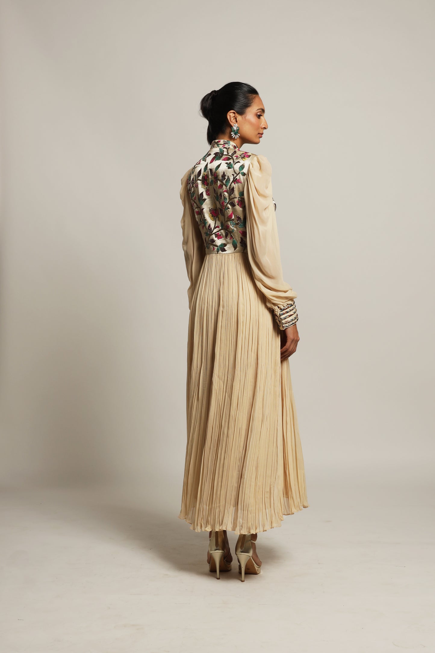 Beige Embroidered Balloon Sleeve Dress