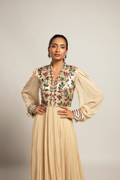 Beige Embroidered Balloon Sleeve Dress