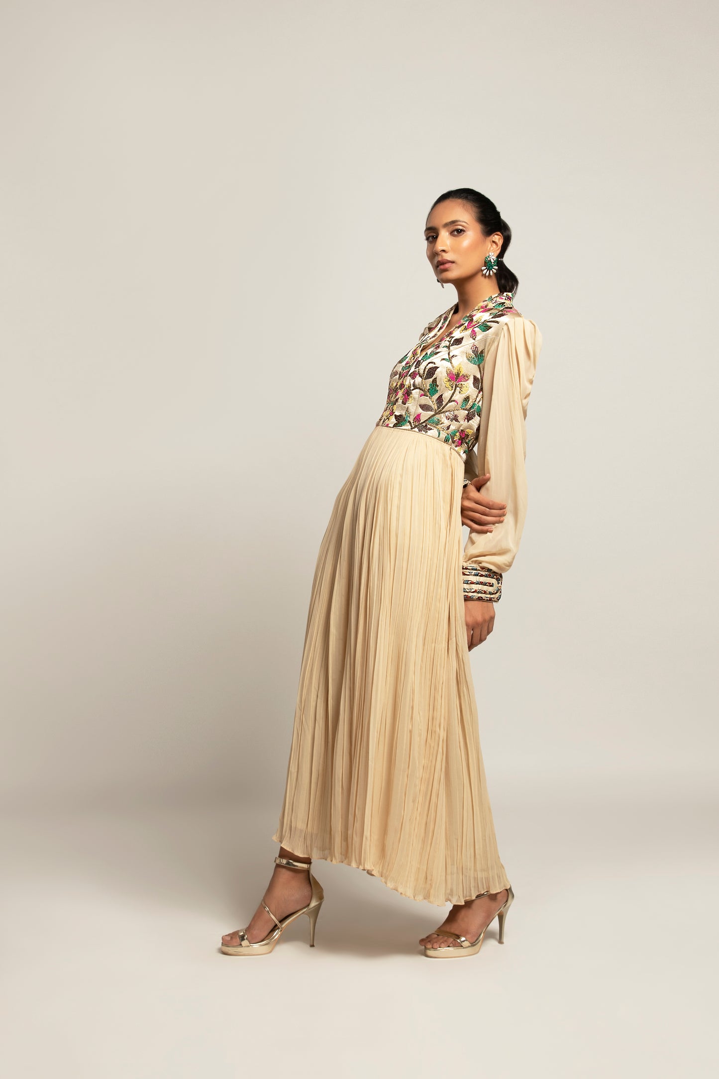 Beige Embroidered Balloon Sleeve Dress