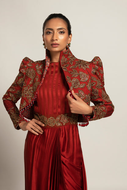 Maroon Embroidered Short Jacket and Draped Gown Set