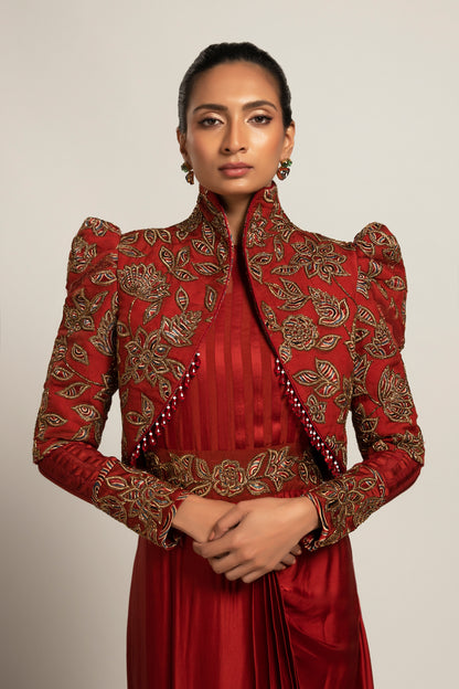 Maroon Embroidered Short Jacket and Draped Gown Set