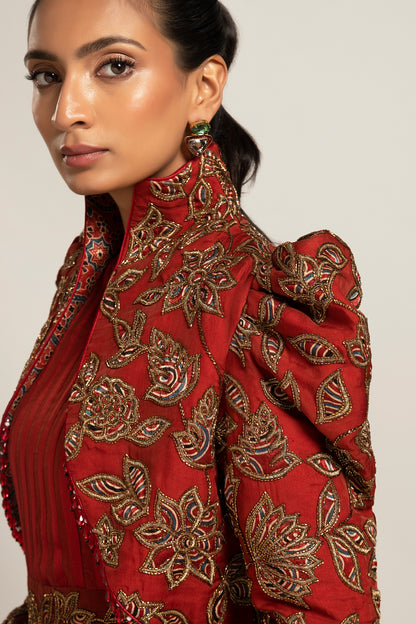 Maroon Embroidered Short Jacket and Draped Gown Set