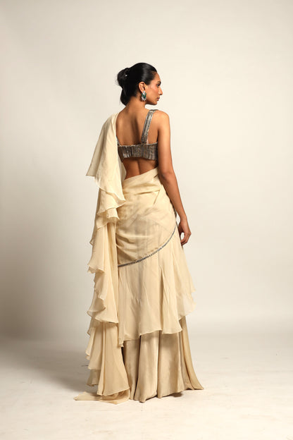 Beige Organza Ruffle Pant Saree with Blouse