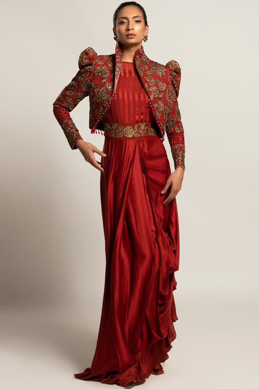 Maroon Embroidered Short Jacket and Draped Gown Set