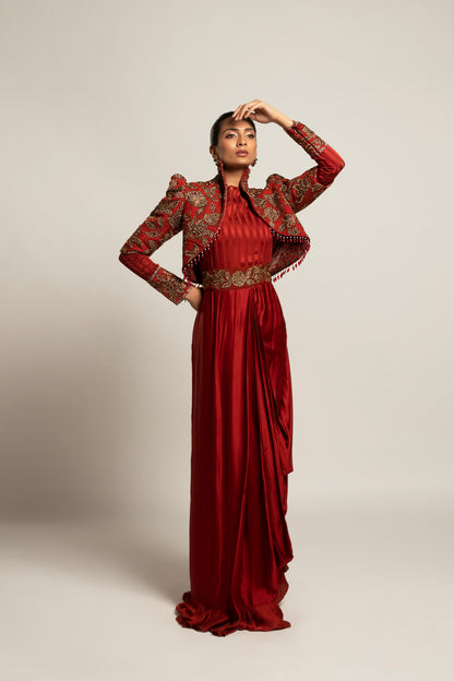 Maroon Embroidered Short Jacket and Draped Gown Set