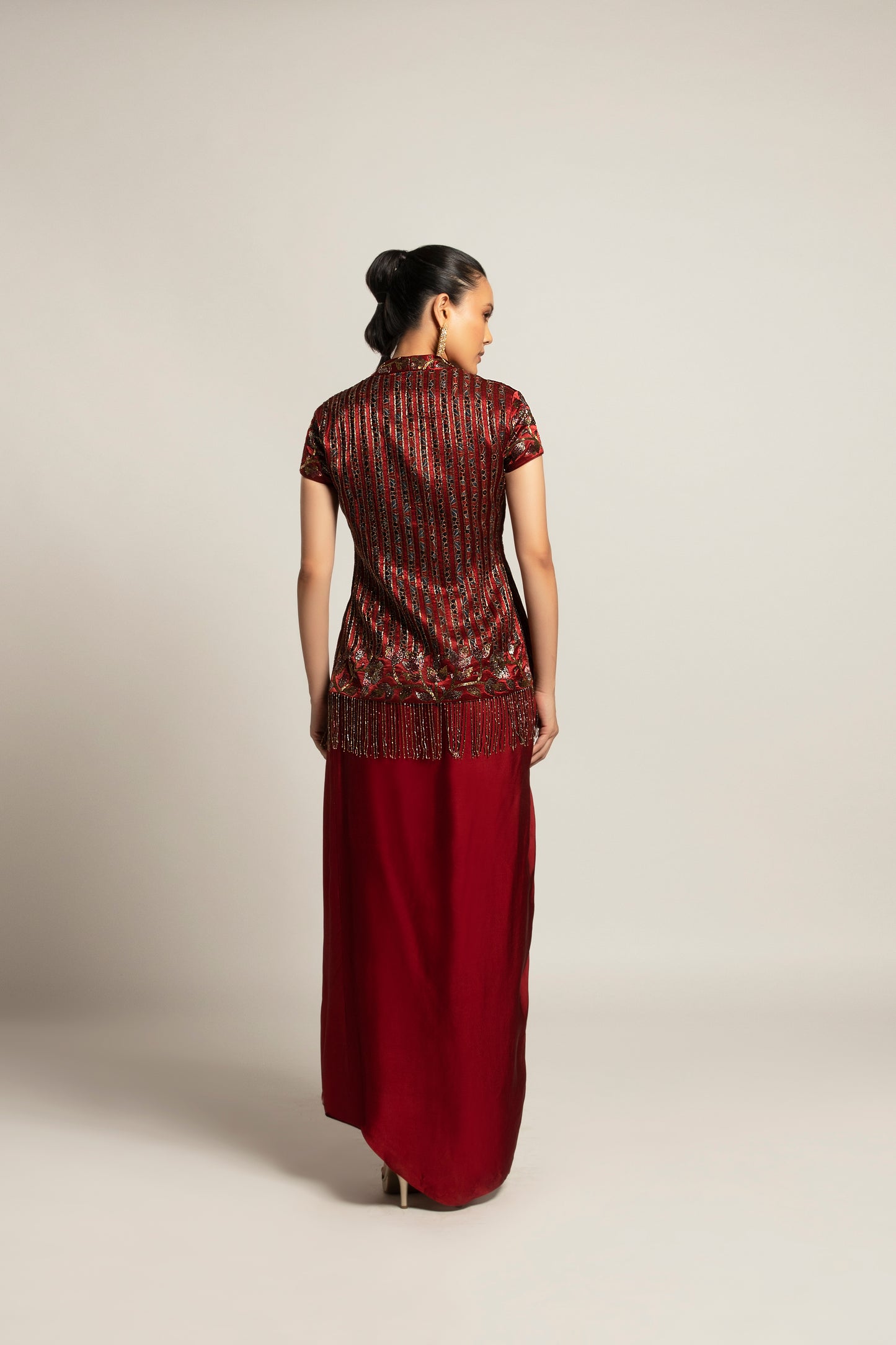 Maroon Embroidered Jacket Dhoti Skirt Set with Ruffled Dupatta