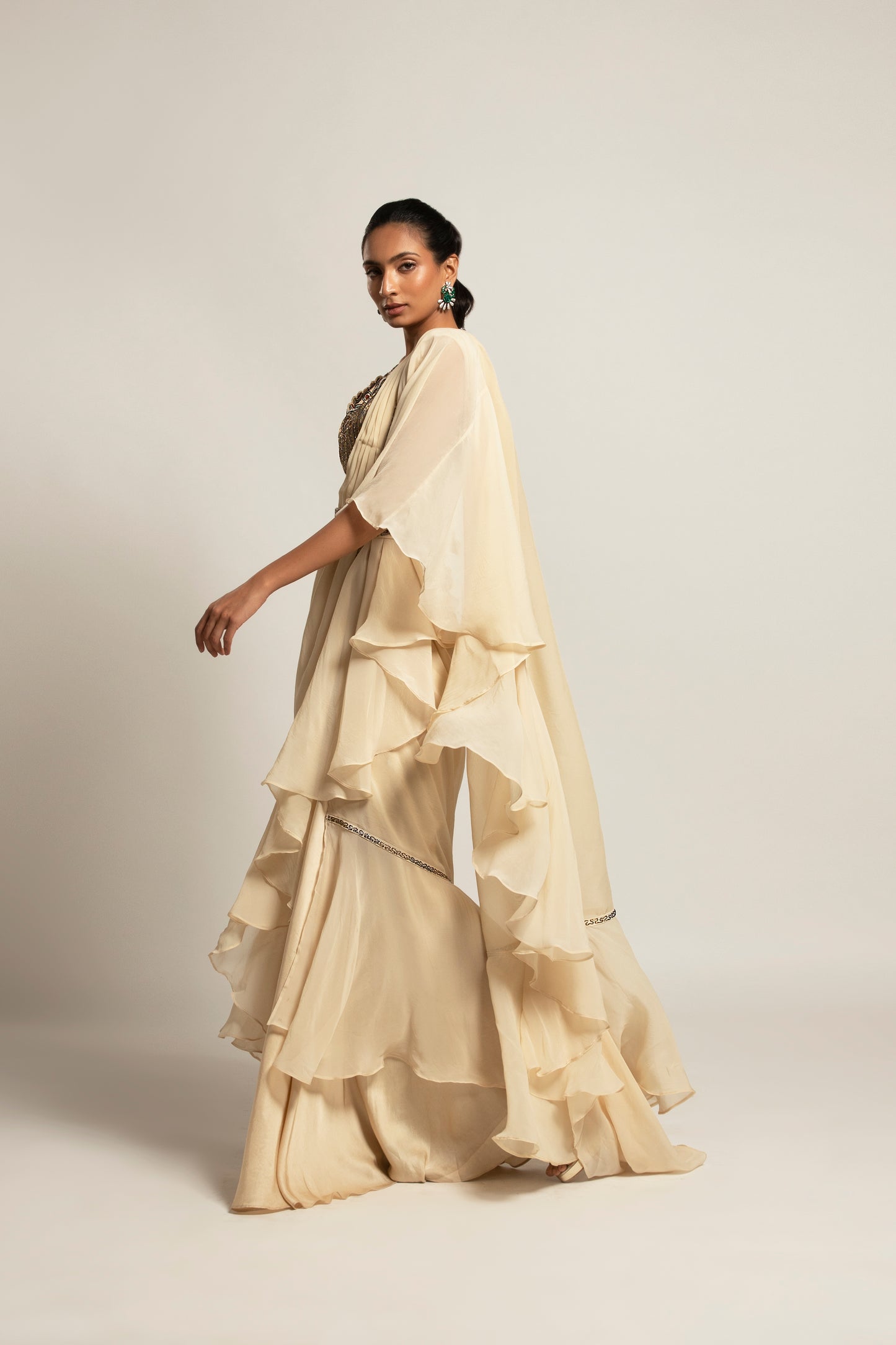 Beige Organza Ruffle Pant Saree with Blouse