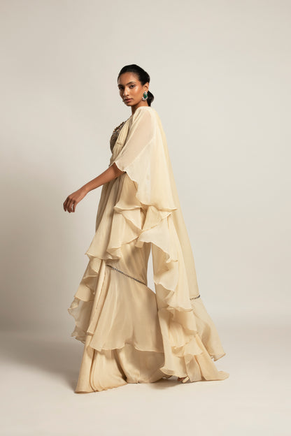 Beige Organza Ruffle Pant Saree with Blouse