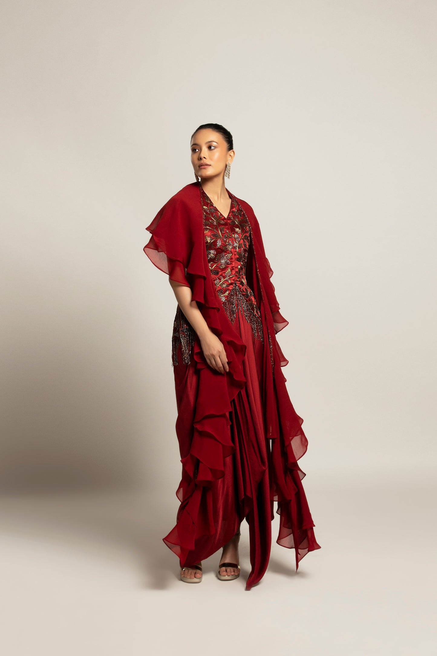 Maroon Embroidered Jacket Dhoti Skirt Set with Ruffled Dupatta