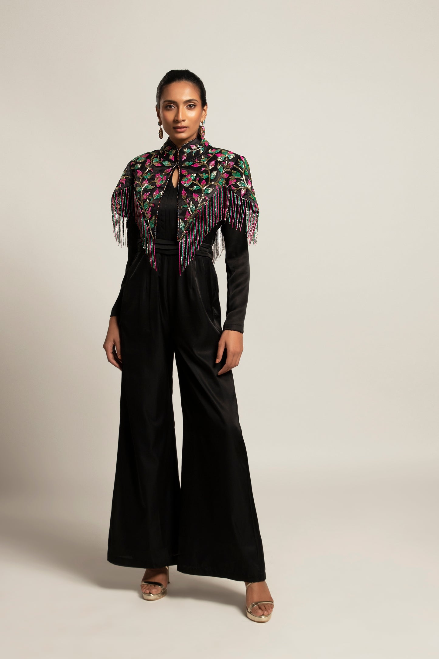 Sterling Black jumpsuit with embellished Capelet