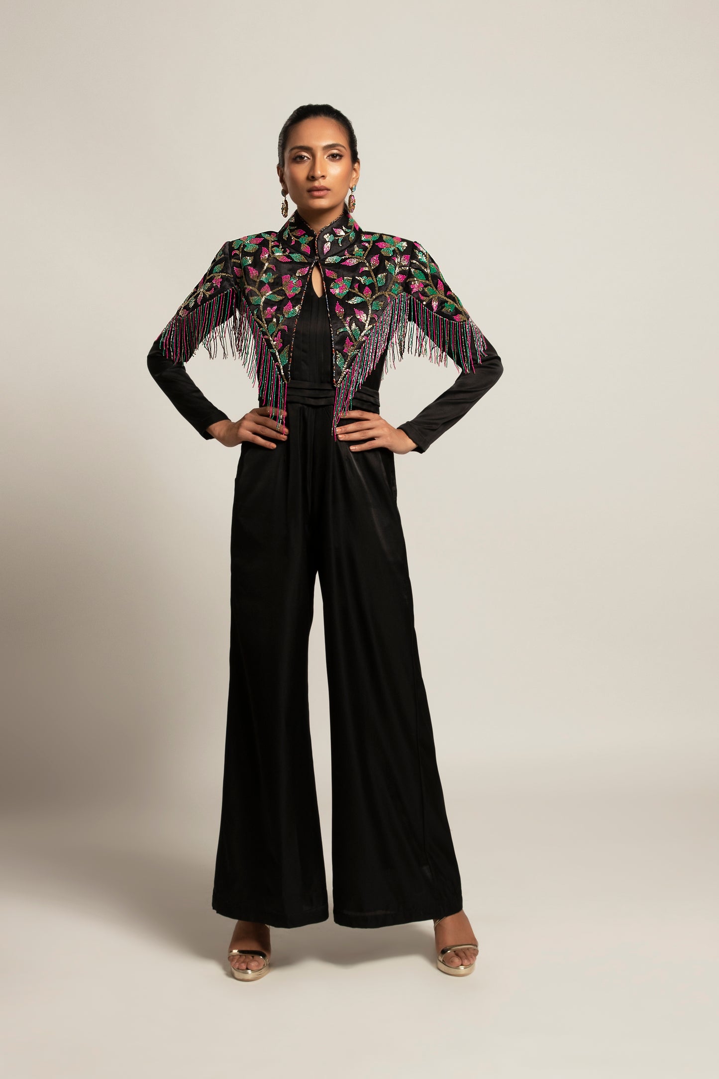 Sterling Black jumpsuit with embellished Capelet