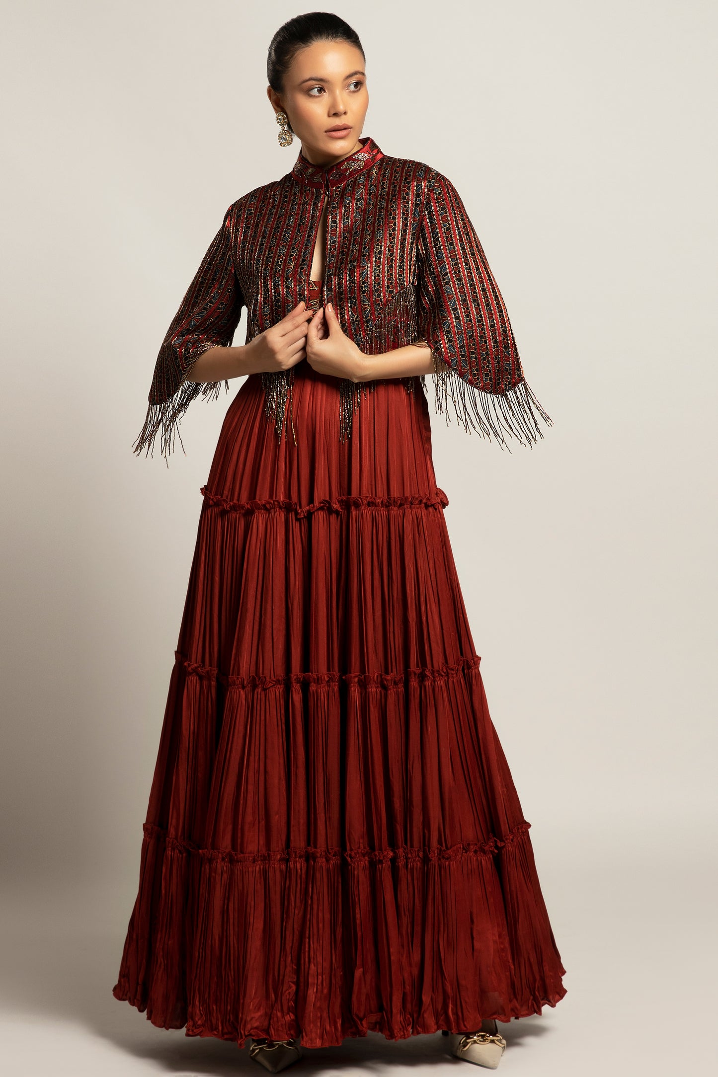 Maroon Embroidered Layered Gown with Jacket