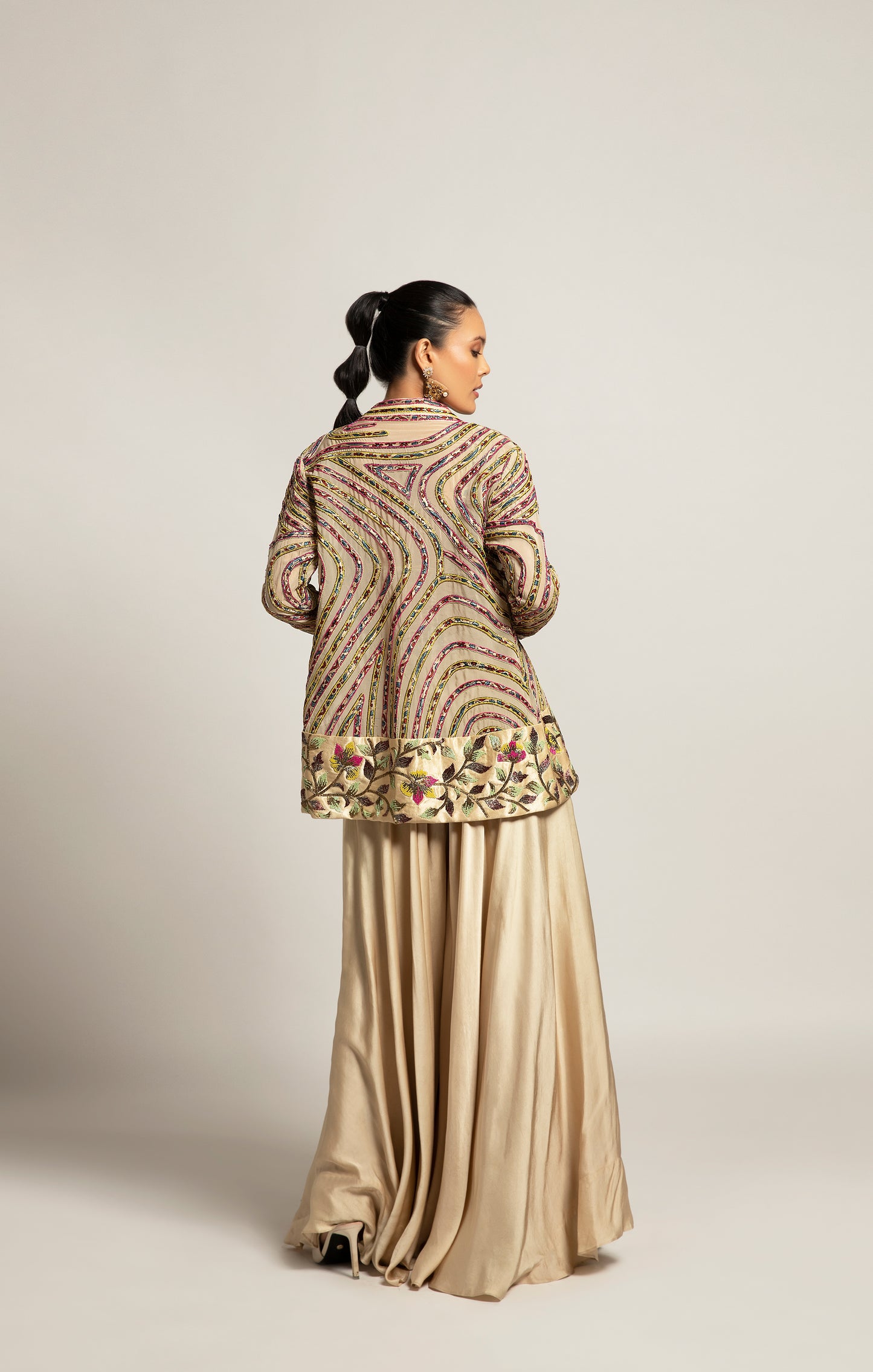 Beige Gajji Silk Stripe Embellished Jacket Flared Pant Set