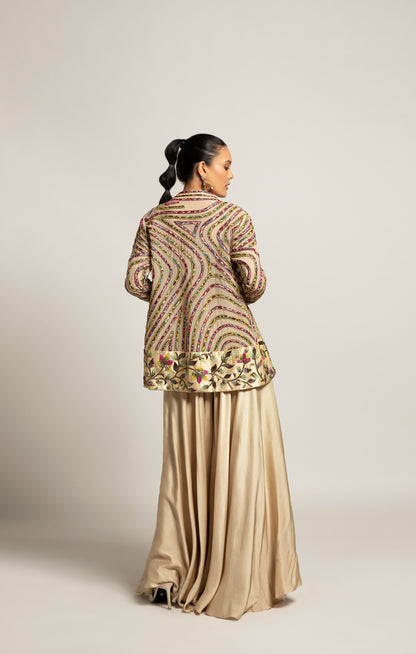 Beige Gajji Silk Stripe Embellished Jacket Flared Pant Set