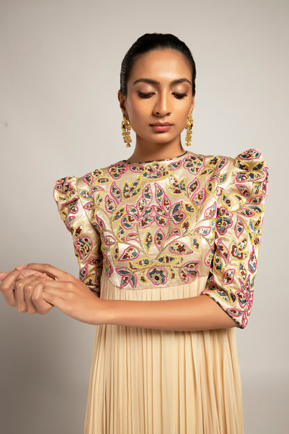 Beige Embroidered Gathered Dress