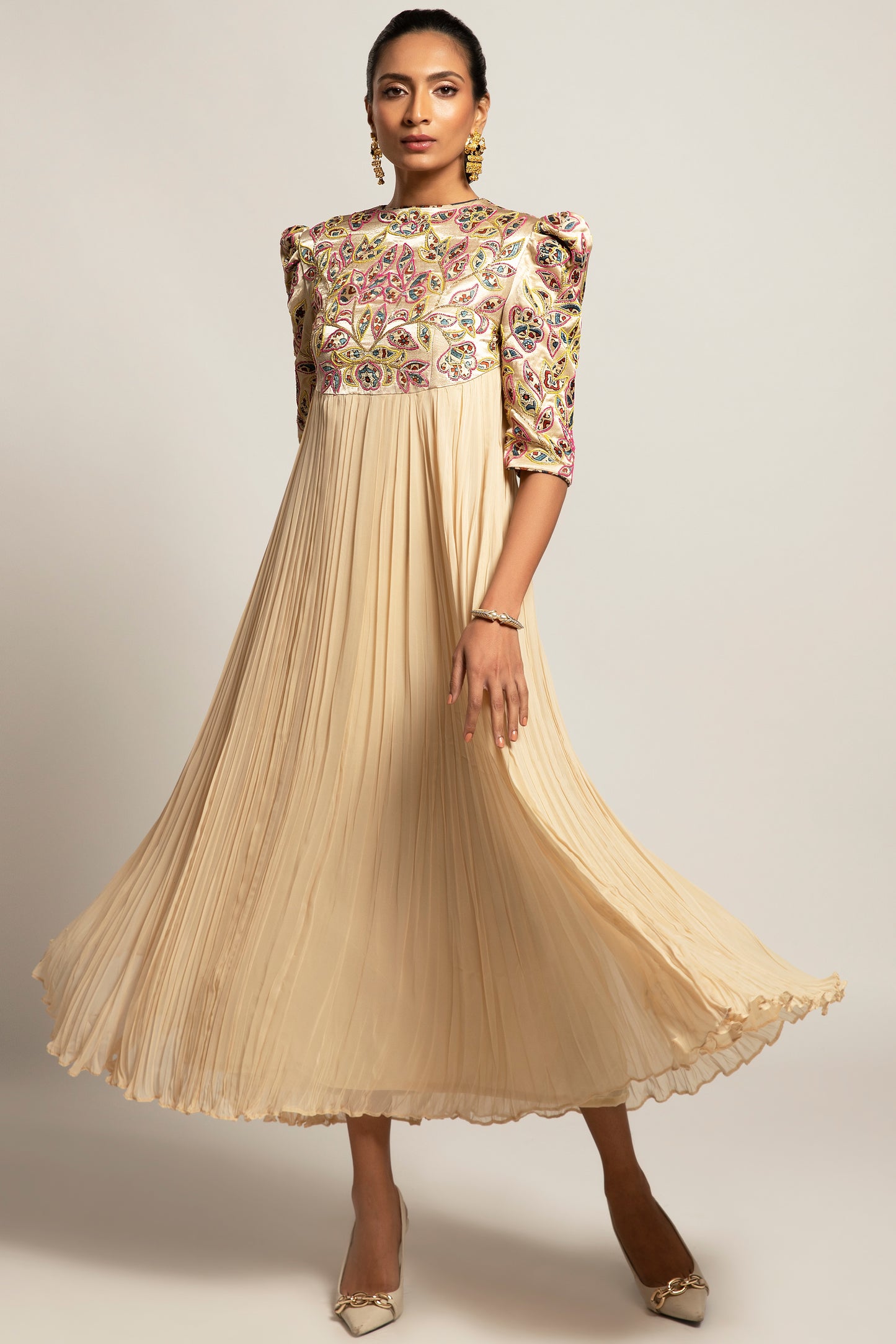 Beige Embroidered Gathered Dress