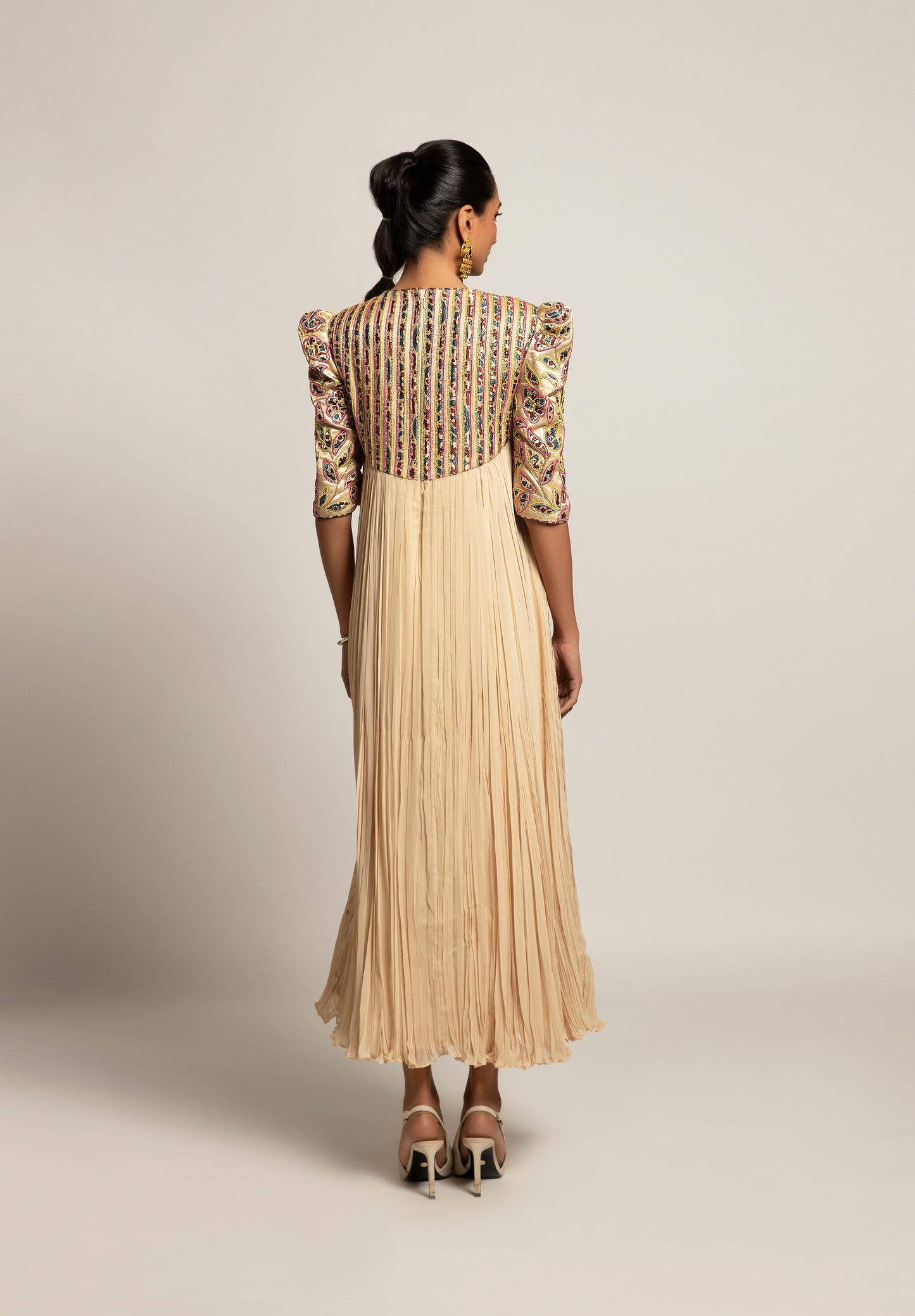 Beige Embroidered Gathered Dress
