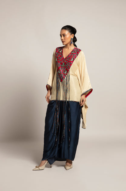 Beige Embellished Kaftan with Skirt