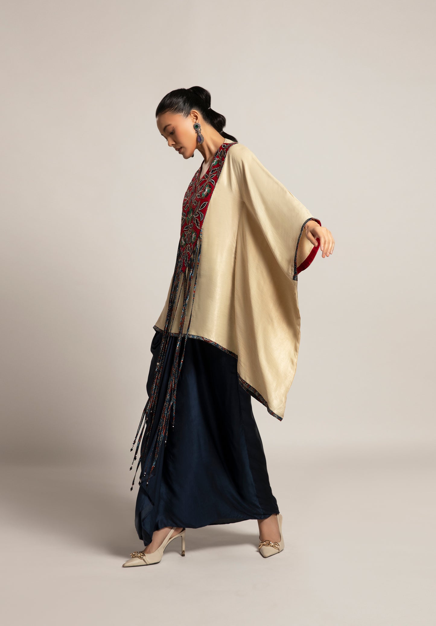 Beige Embellished Kaftan with Skirt