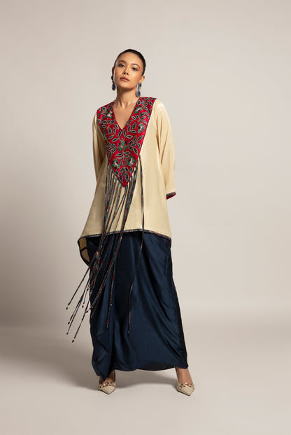 Beige Embellished Kaftan with Skirt