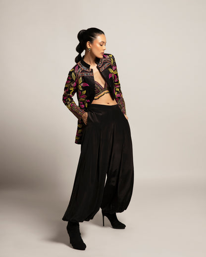 Black Gajji Silk Leaf Embellished Jacket Pant Set