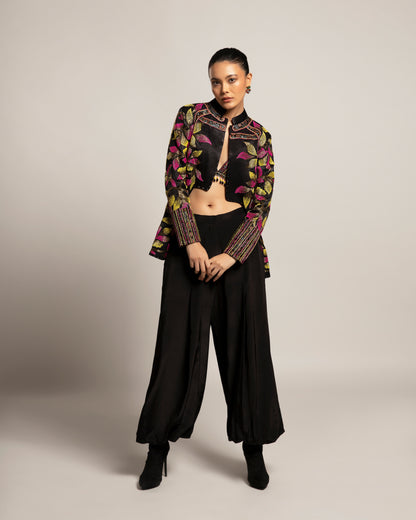 Black Gajji Silk Leaf Embellished Jacket Pant Set