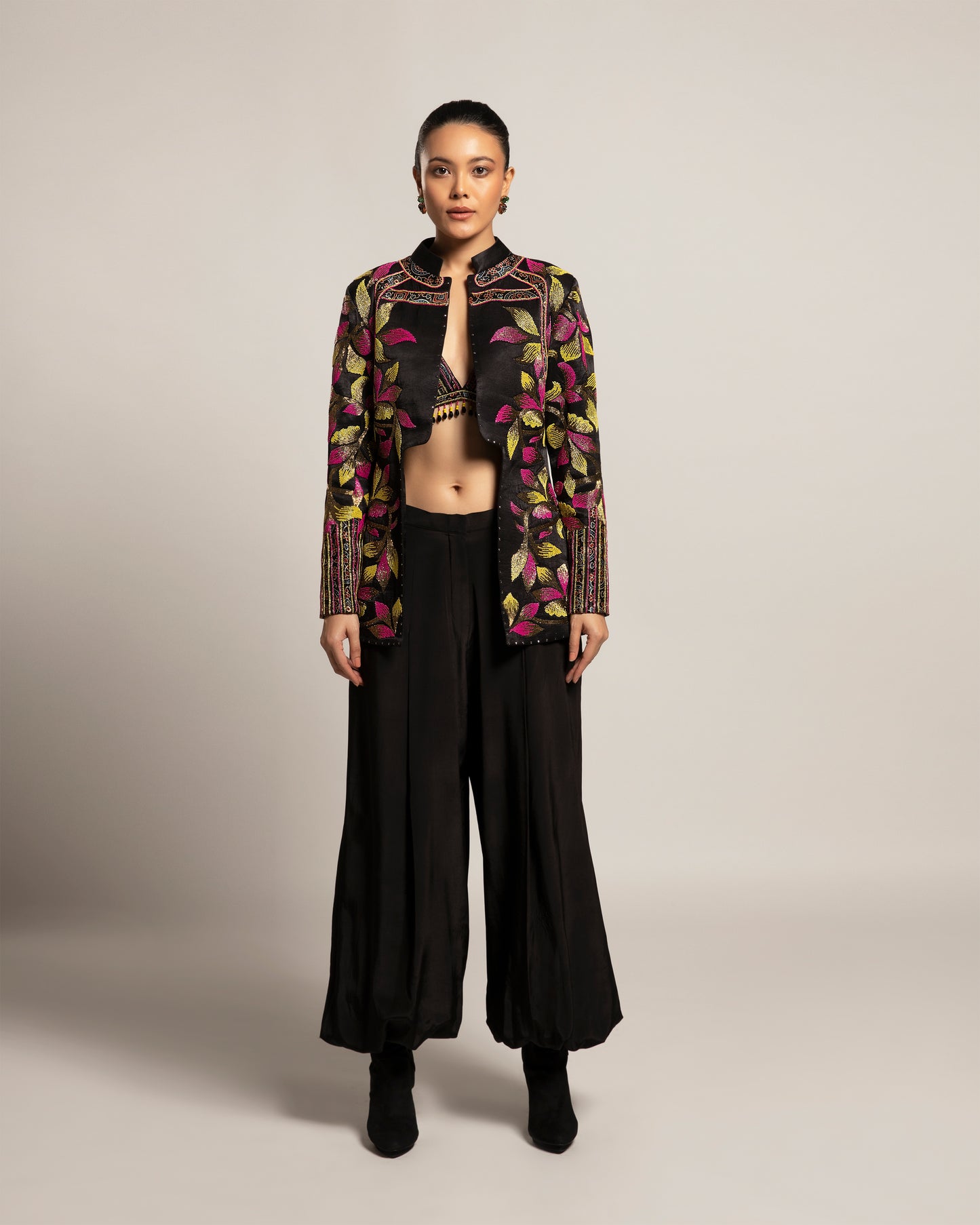 Black Gajji Silk Leaf Embellished Jacket Pant Set