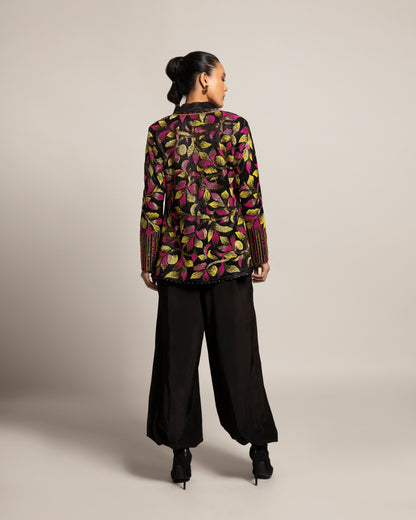 Black Gajji Silk Leaf Embellished Jacket Pant Set