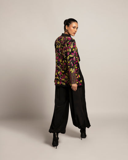 Black Gajji Silk Leaf Embellished Jacket Pant Set