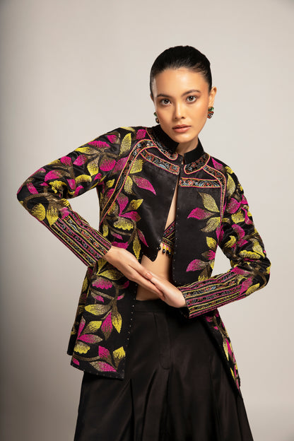 Black Gajji Silk Leaf Embellished Jacket Pant Set