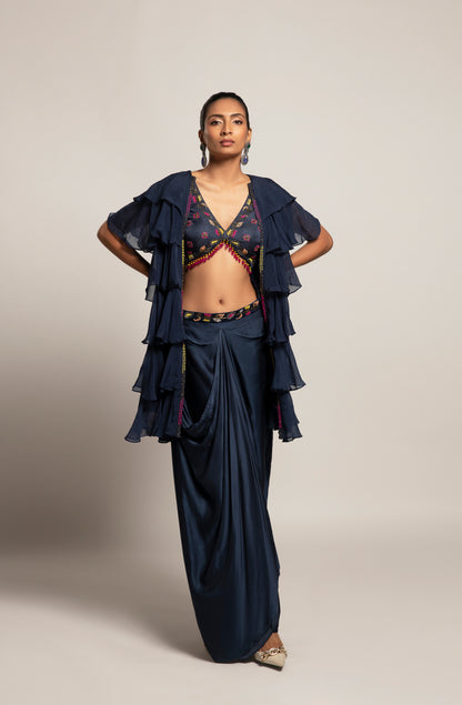 Blue Gajji Silk Layered Jacket and Draped Dhoti Skirt Set