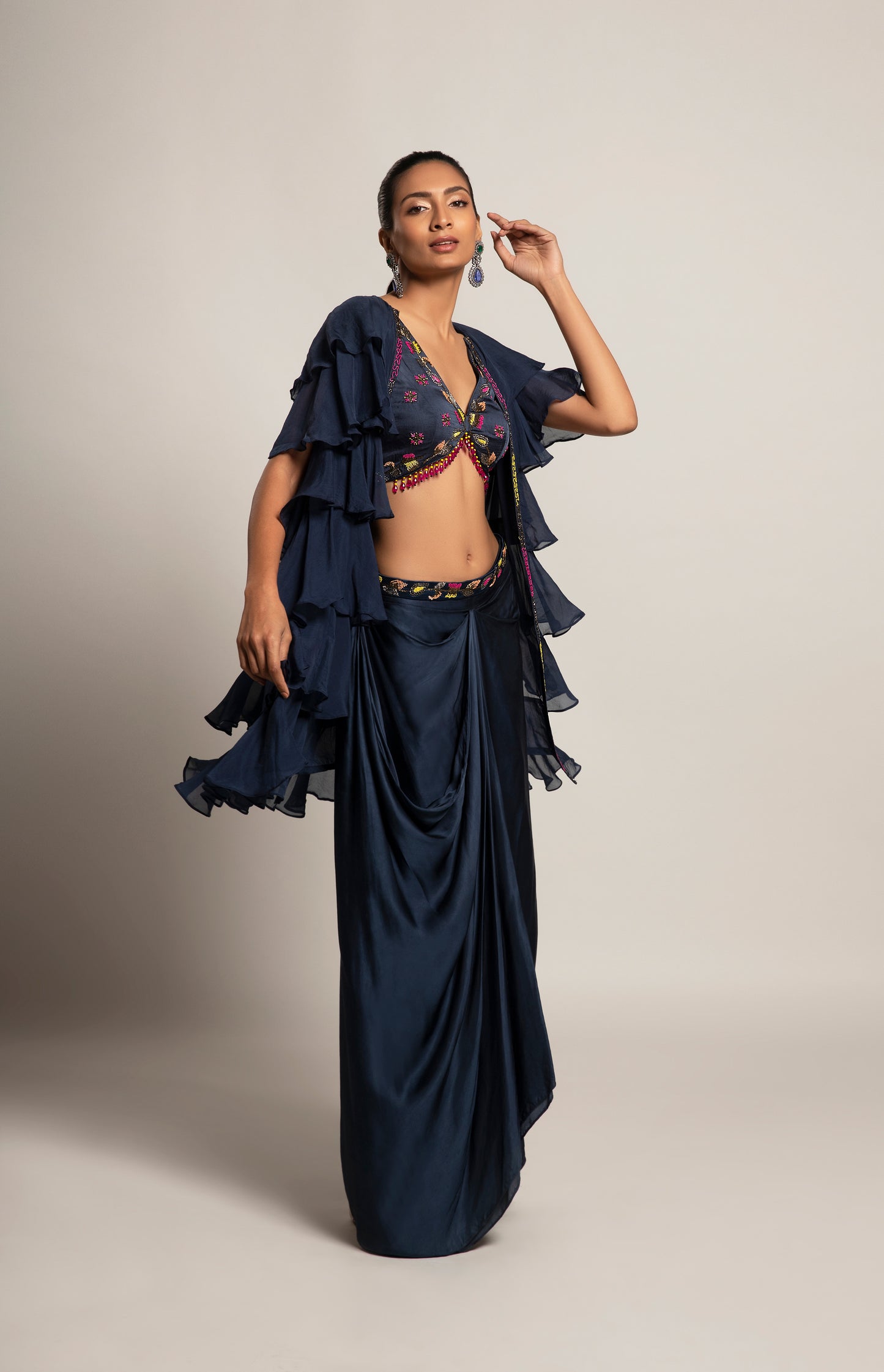 Blue Gajji Silk Layered Jacket and Draped Dhoti Skirt Set