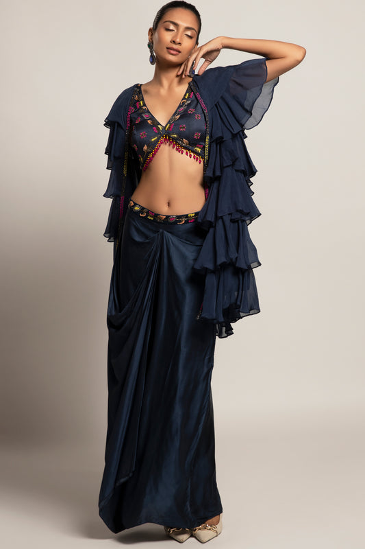 Blue Gajji Silk Layered Jacket and Draped Dhoti Skirt Set