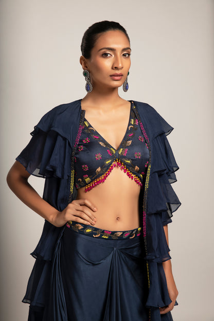 Blue Gajji Silk Layered Jacket and Draped Dhoti Skirt Set