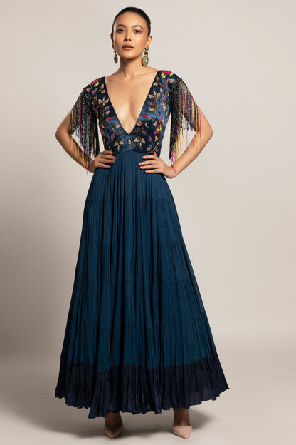 Blue Yoke Embellished Gown