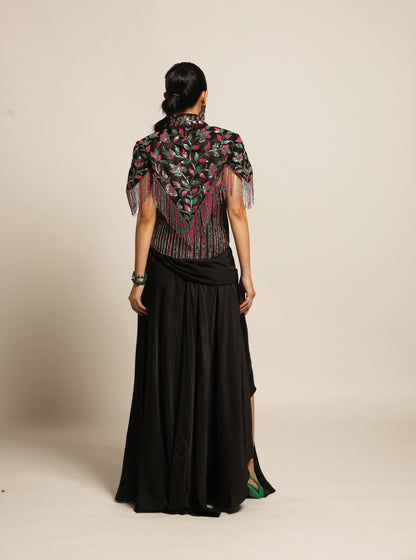 Black Embellished Short Jacket and corset with  Draped Skirt Set
