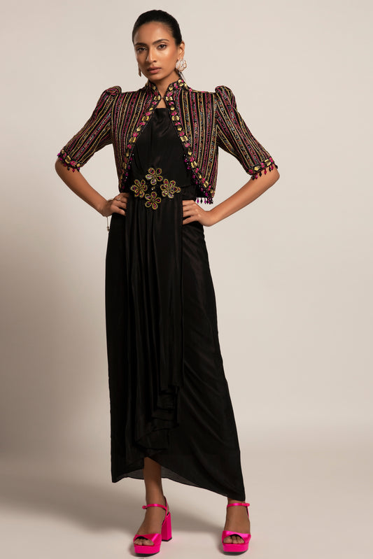 Black Ajrakh embellished jacket with drape tunic set